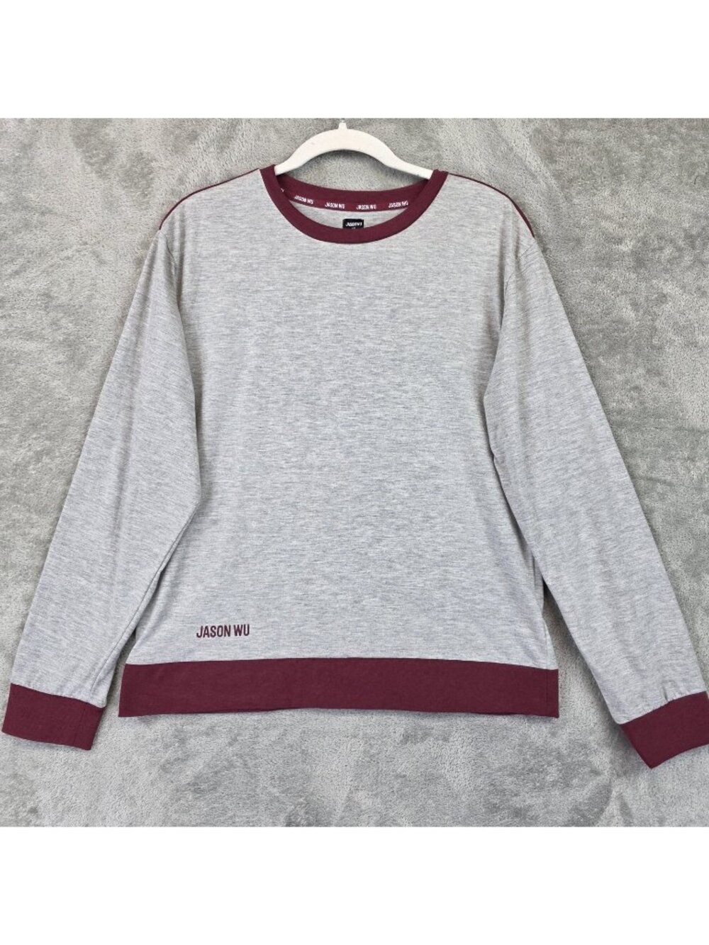 Jason Wu T-Shirt Womens M Gray Burgundy Crew Neck Lightweight Logo Pullover